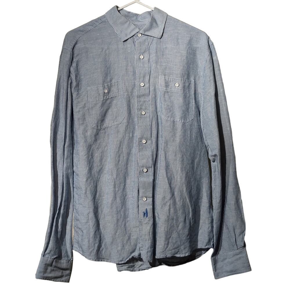 Johnnie-O Hangin Out Blue Stripe Long Sleeve Button Front 100% Cotton Shirt Sz M
